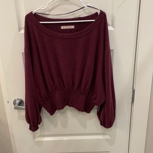 Free people plum sweater with rouched sleeves and bottom